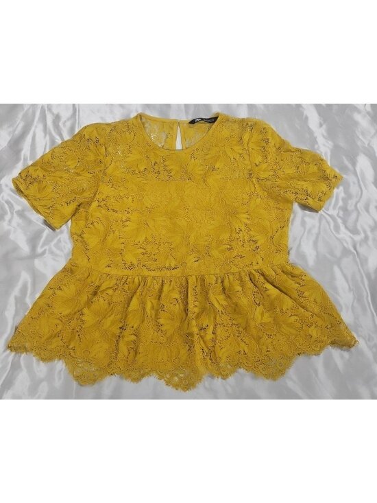 Zara Tops - Zara Womens Large Mustard Yellow Lace Peplum Top Romantic Cottagecore Blouse